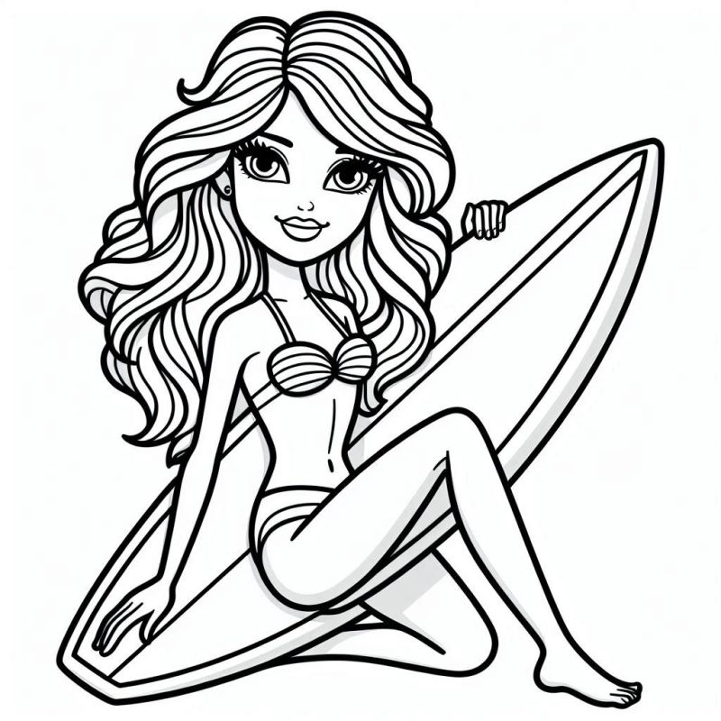 Desenho de Jovem na Prancha de Surfe Barbie para Colorir