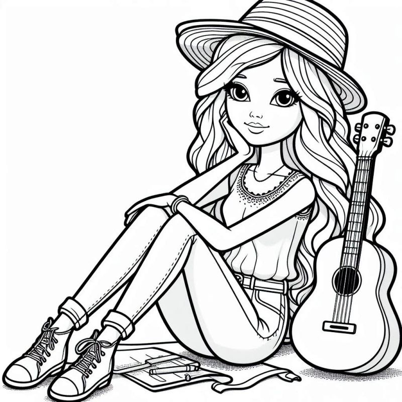 Desenho da Barbie tocando violão com chapéu, calça jeans e tênis para colorir