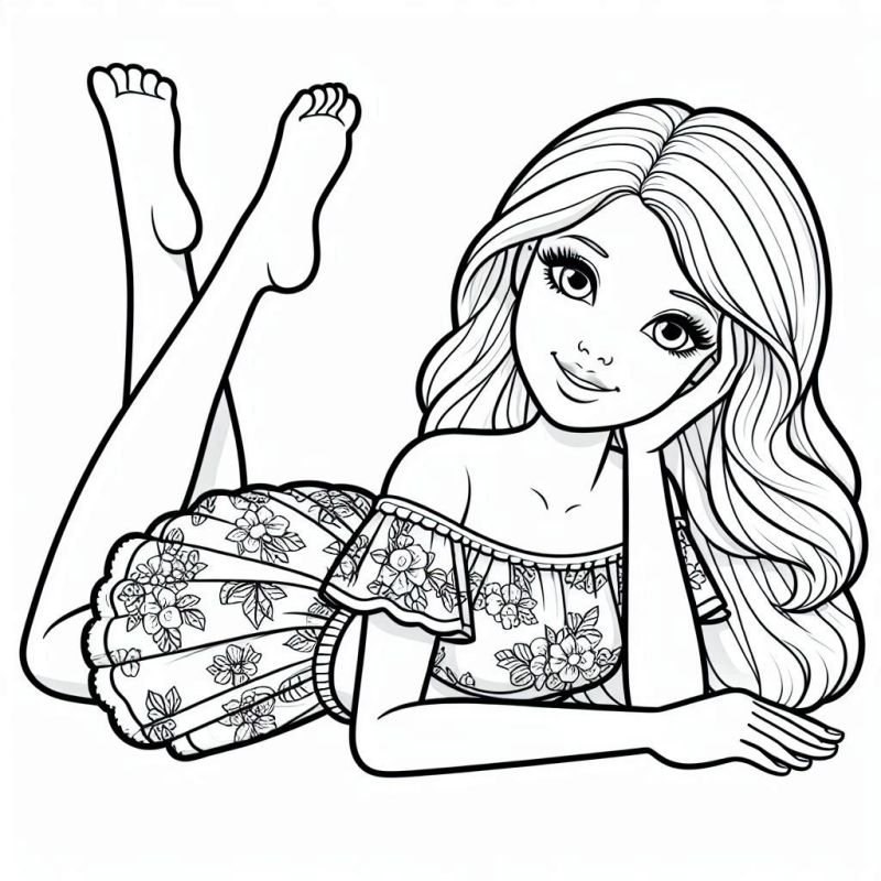 Desenho de Barbie deitada sorrindo em vestido floral para colorir