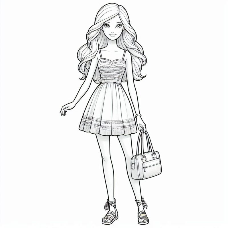 Desenho detalhado da Barbie com vestido para colorir