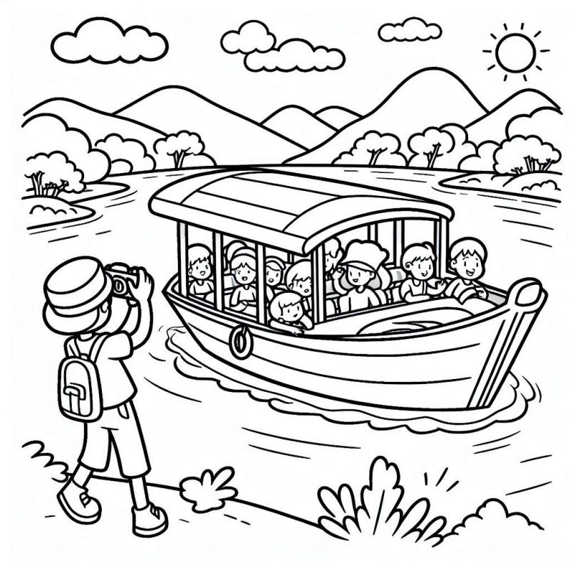 Desenho de um passeio de barco em um cenário natural para colorir