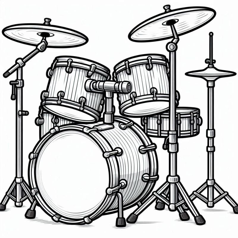 Desenho completo de bateria para colorir com bumbo, caixa, toms, surdo e pratos.