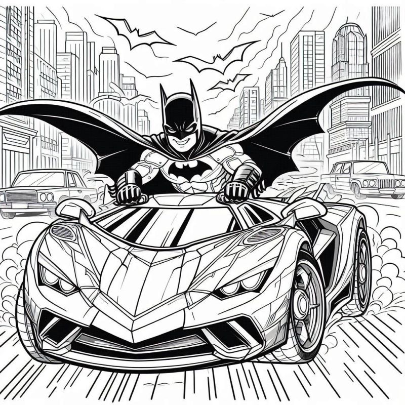 Desenho do Batman no Batmóvel Futurístico para Colorir