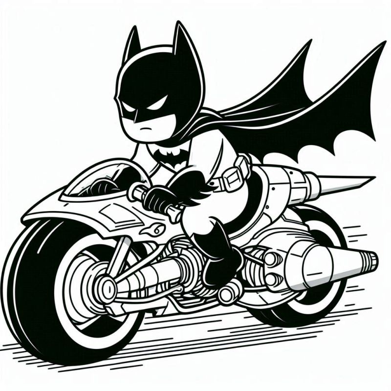 Desenho de Batman fofinho cartunesco montado na Batmoto para colorir