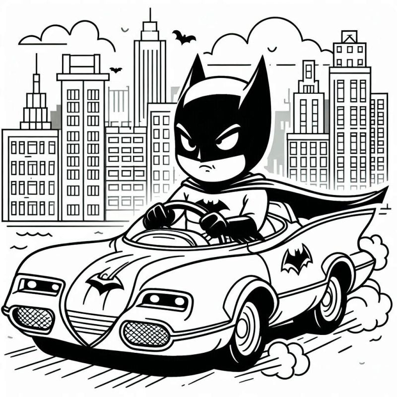 Batman Infantil no Batmóvel - Desenho para Colorir