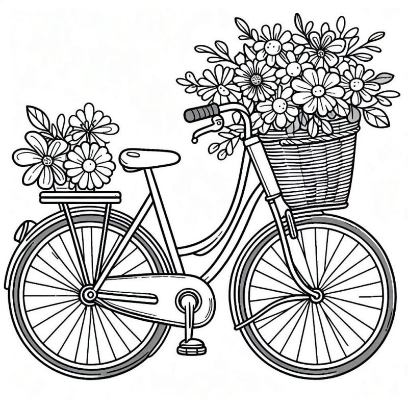 Desenho de Bicicleta com Cestas de Flores para Colorir