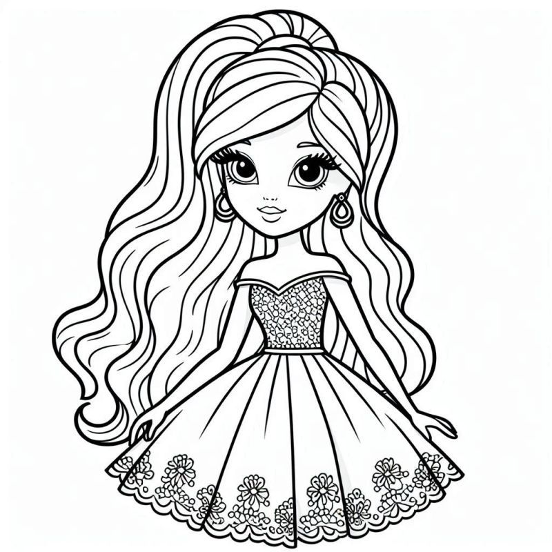 Desenho de boneca estilizada com vestido glamouroso para colorir