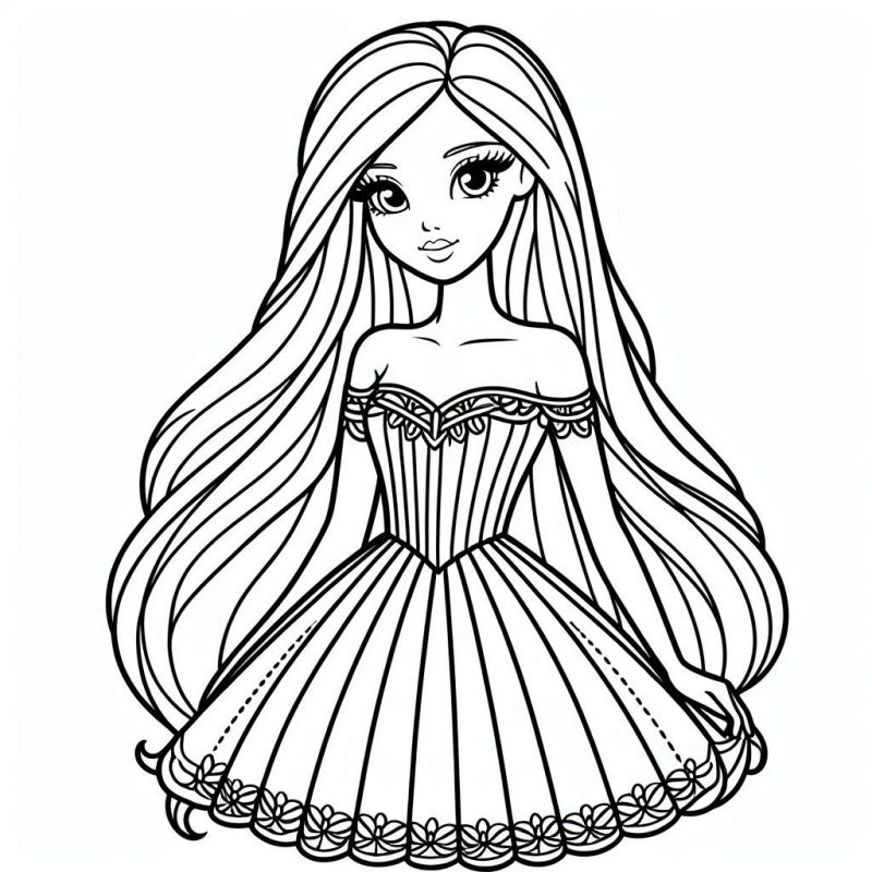 Desenho de Boneca Elegante com Vestido para Colorir