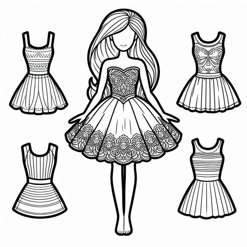 Conjunto de desenhos para colorir de vestidos de boneca em preto e branco