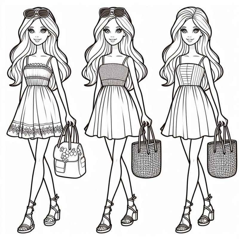 Desenho de Bonecas Barbie com Vestidos e Bolsas para Colorir