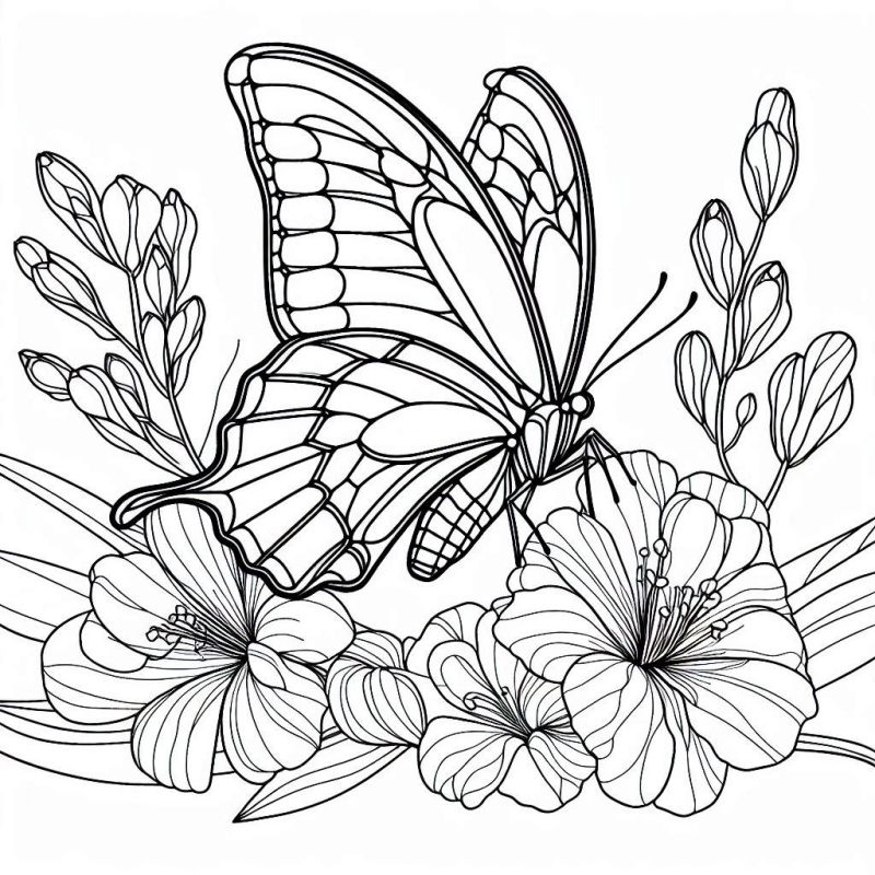 Desenho realista de uma borboleta pousada sobre flores para colorir