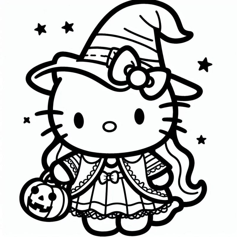 Colorir Hello Kitty: Bruxa e Abóbora de Halloween