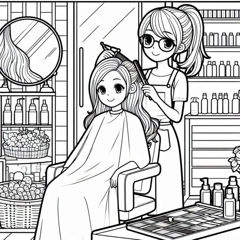 Desenho de cabeleireira penteando o cabelo da cliente no salão para colorir