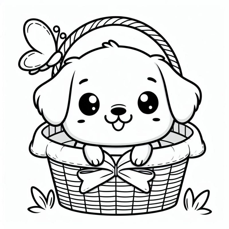 Desenho de Cachorro Kawaii na Cesta para Colorir