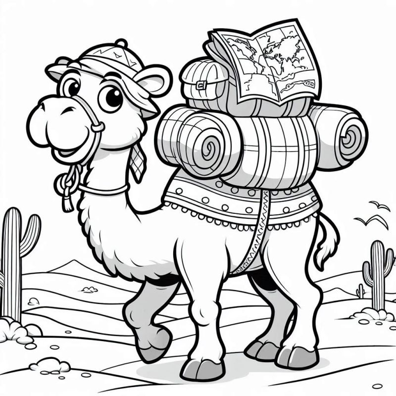 Desenho de um camelo cartunesco e simpático no deserto com mochilas e chapéu de explorador, pronto para colorir.