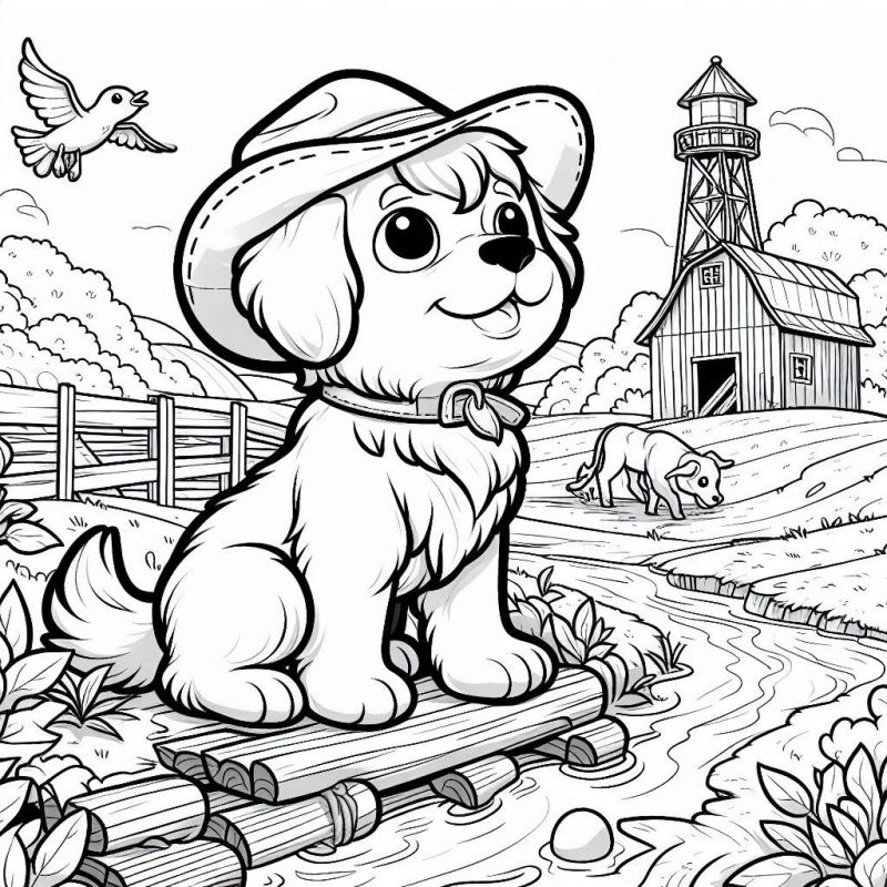 Desenho de Cãozinho Cowboy Alegre para Colorir