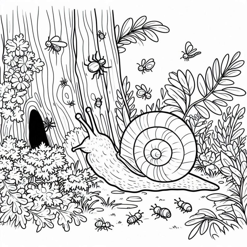 Desenho detalhado de um caracol e insetos na floresta para colorir.