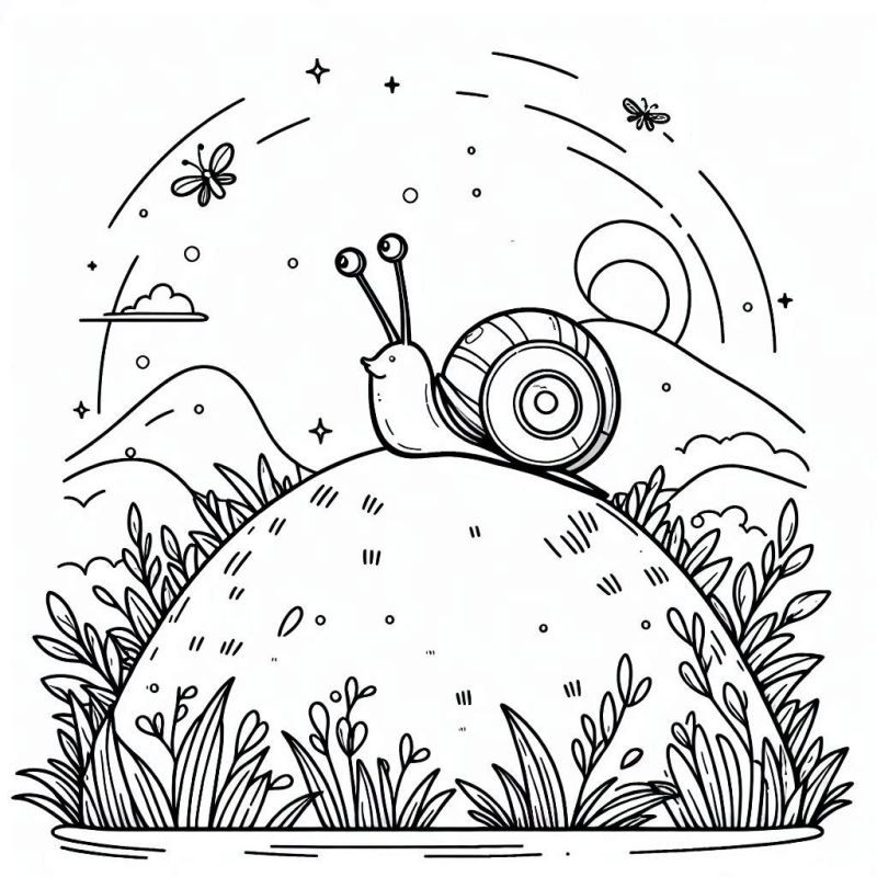 Desenho para Colorir: Caracol em Morro com Vegetação