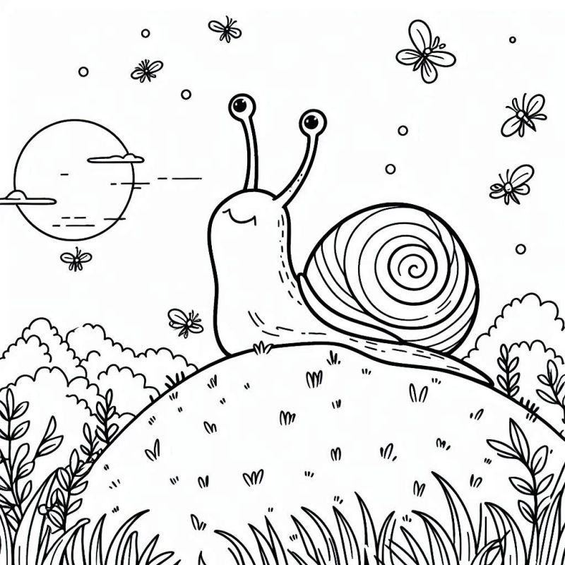 Desenho de caracol no centro de um cenário de natureza com vegetação e insetos voadores para colorir