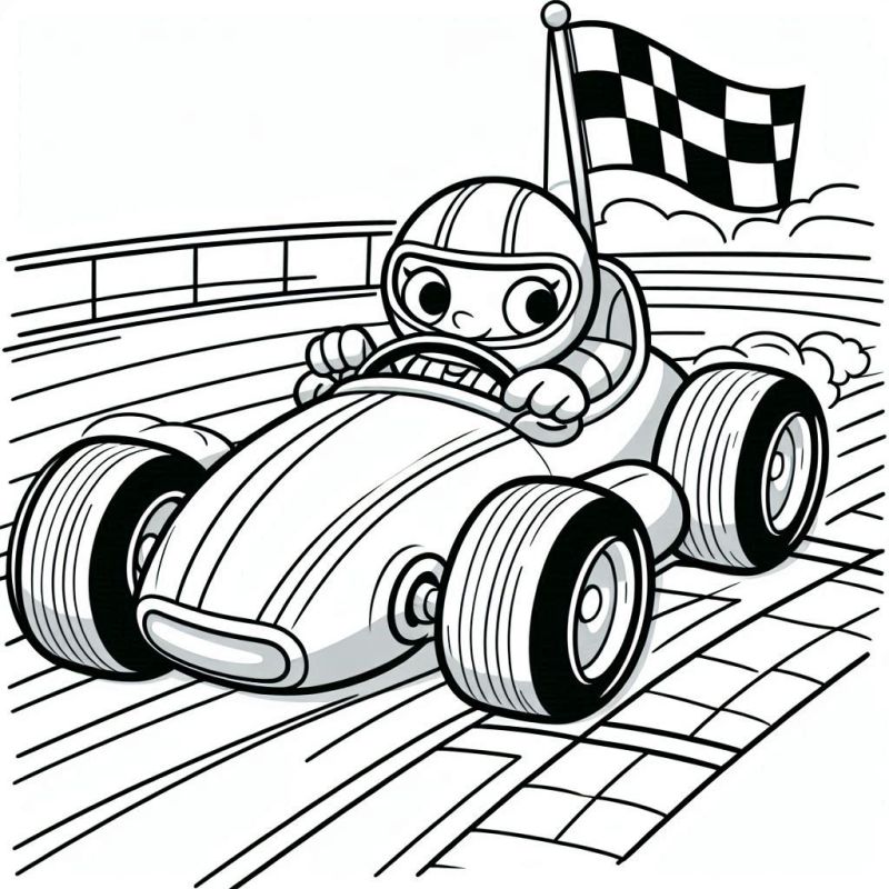 Desenho para colorir de um carro de corrida com piloto e bandeira na pista de corrida.