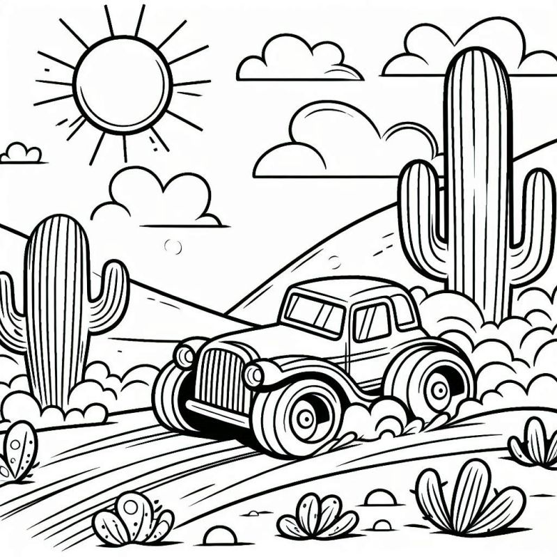 Desenho de Carro em Cenário Desértico para Colorir