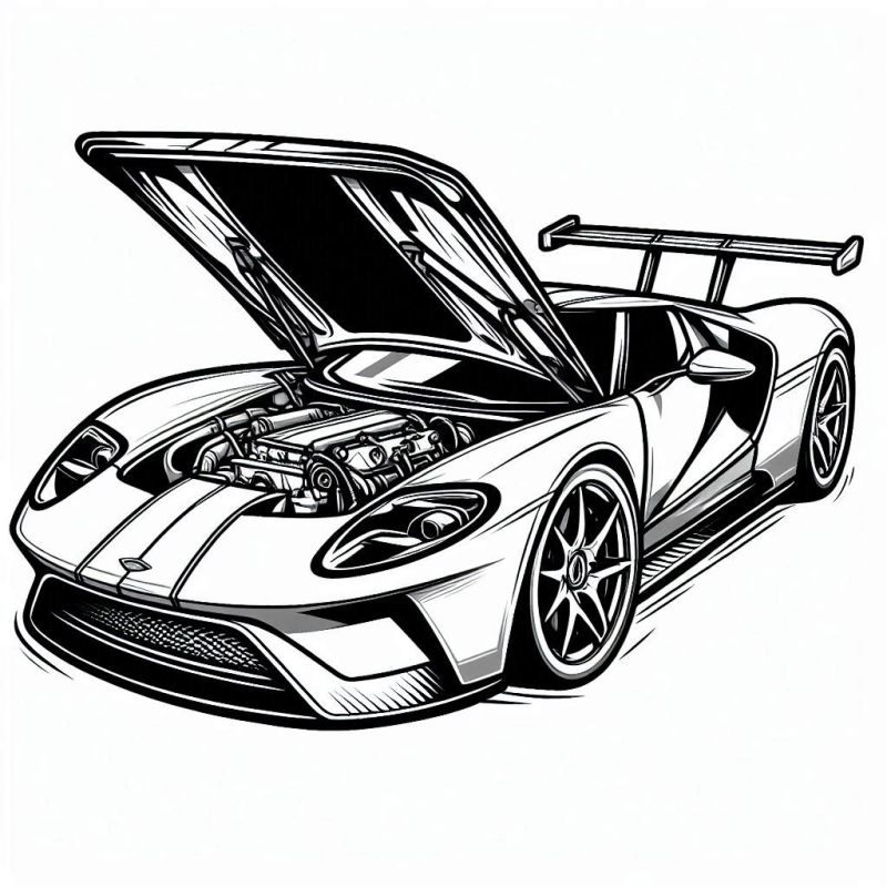 Desenho de Carro Esportivo com Capô Aberto para Colorir