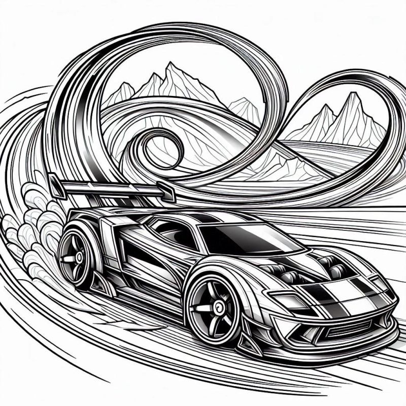 Desenho de carro esportivo Hot Wheels para colorir, com pista e montanhas ao fundo