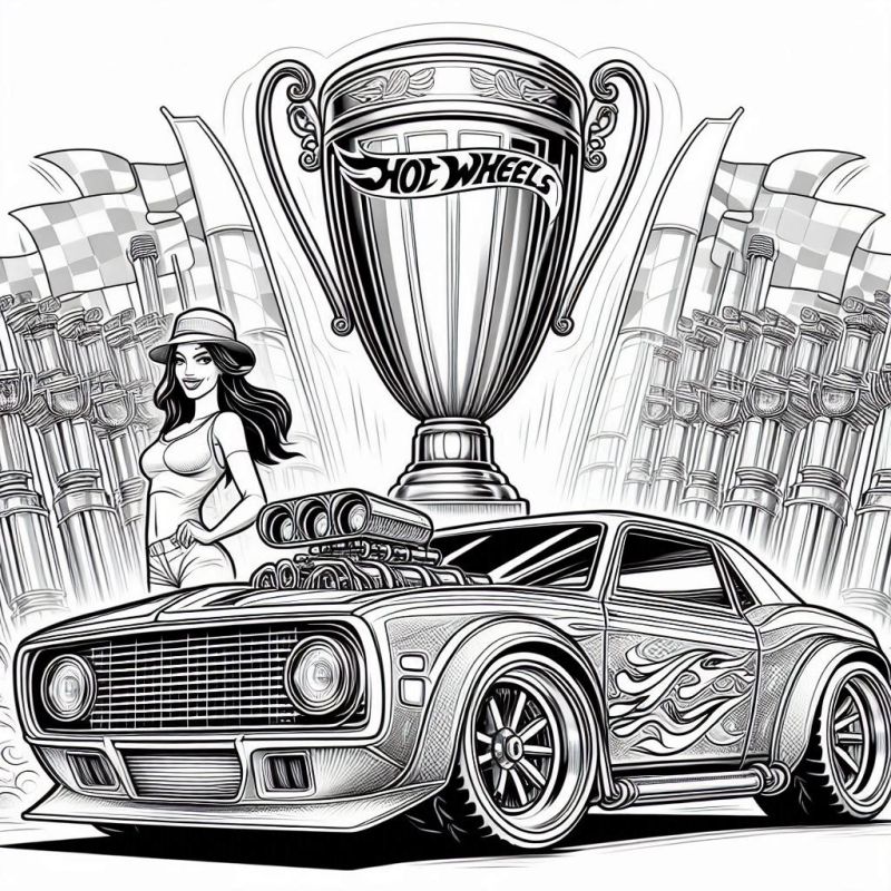 Desenho detalhado de carro Hot Wheels personalizado com troféu e personagem feminina