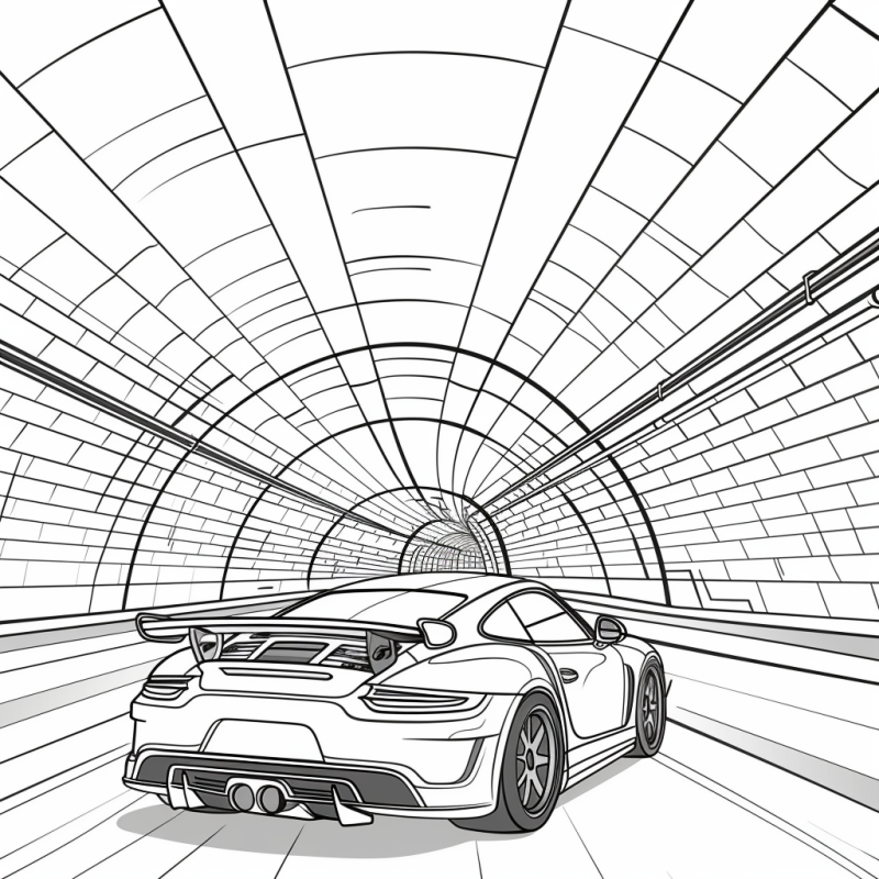 Desenho de carro esportivo em túnel para colorir