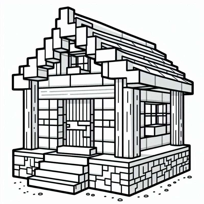 Desenho de Casa no Estilo Minecraft para Colorir