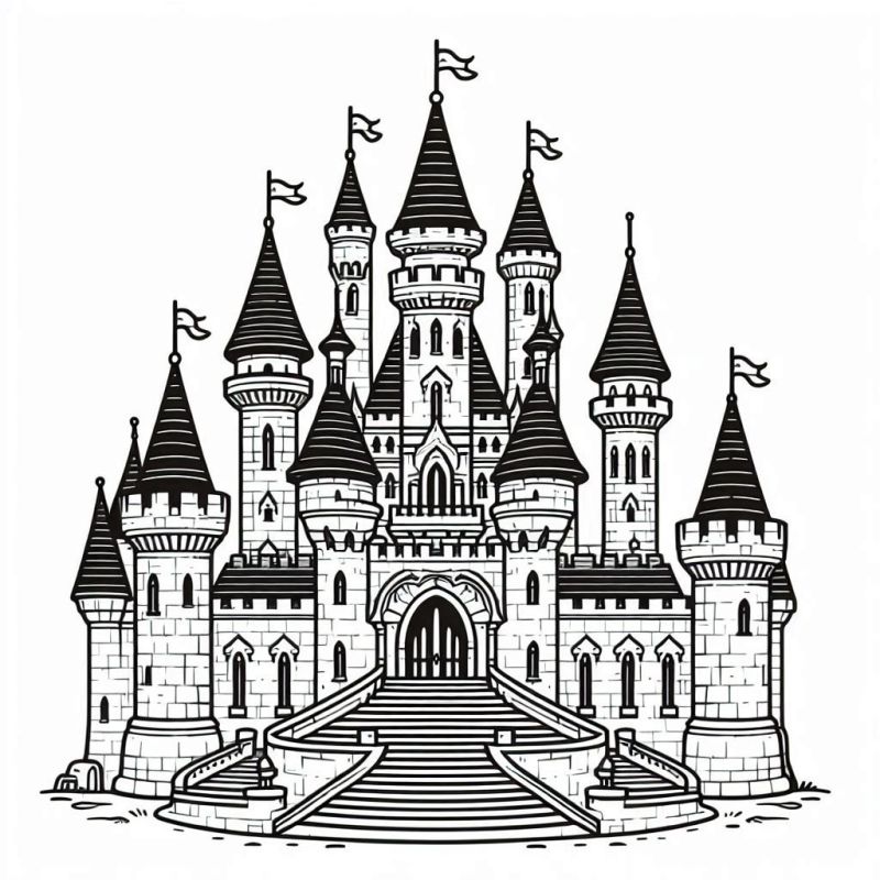 Desenho de um castelo majestoso e detalhado para colorir