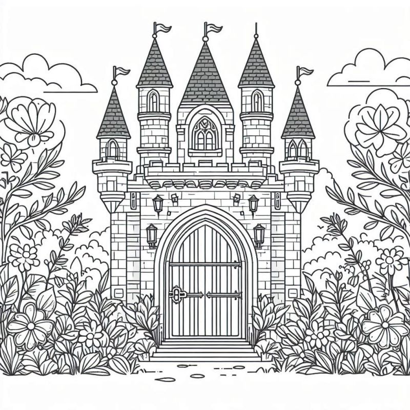 Desenho detalhado de um castelo medieval ideal para colorir.