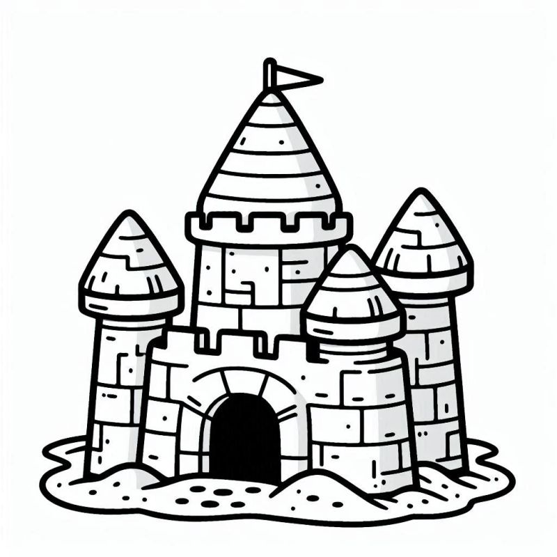 Desenho de castelo estilizado com torres e tijolos para colorir