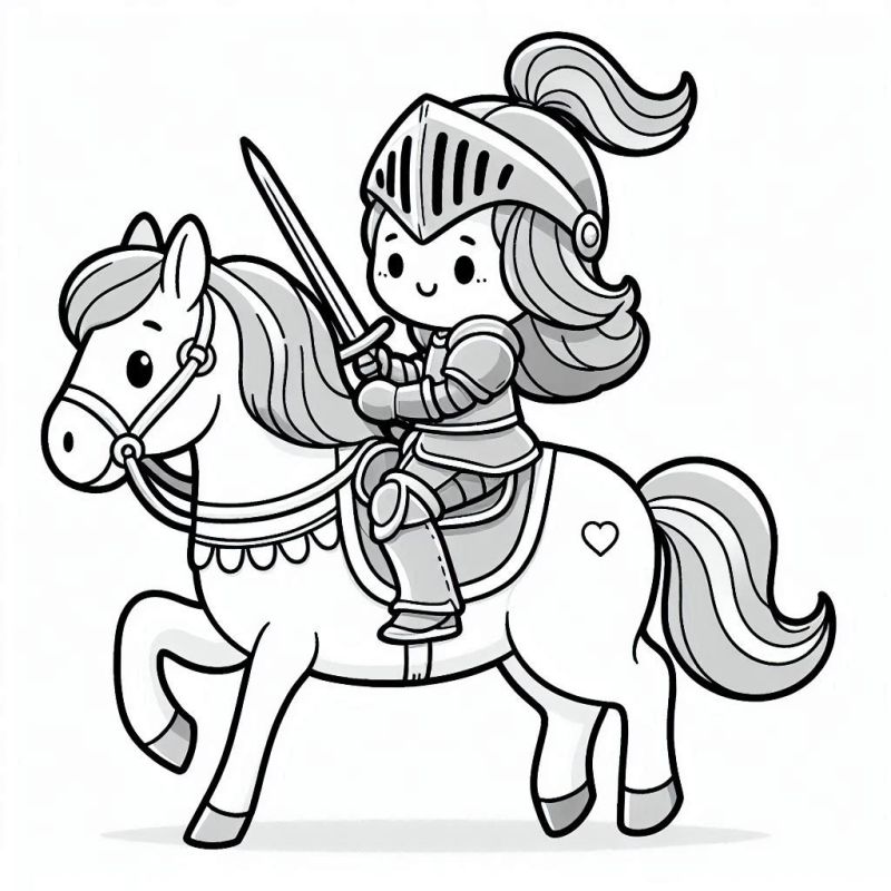 Desenho para colorir de um cavaleiro infantil montado em um cavalo simpático.