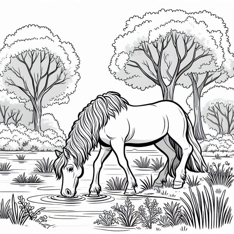 Desenho para Colorir: Cavalo Bebendo Água no Riacho