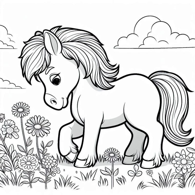 Desenho de Cavalo Cartoon Amigável em Campo Florido para Colorir