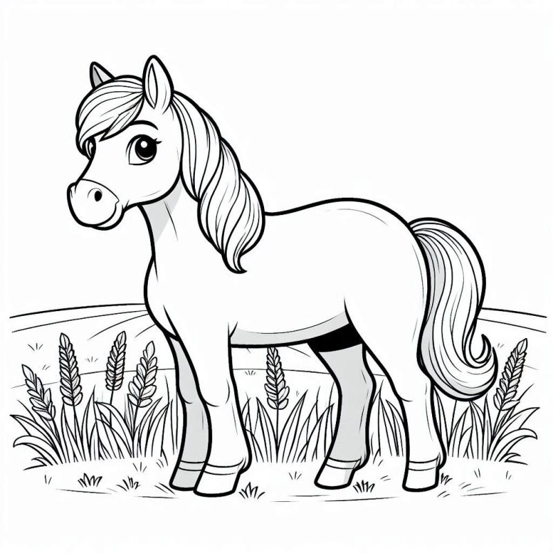 Desenho detalhado de cavalo para colorir com crina longa e cenário de campo, ideal para crianças e adultos