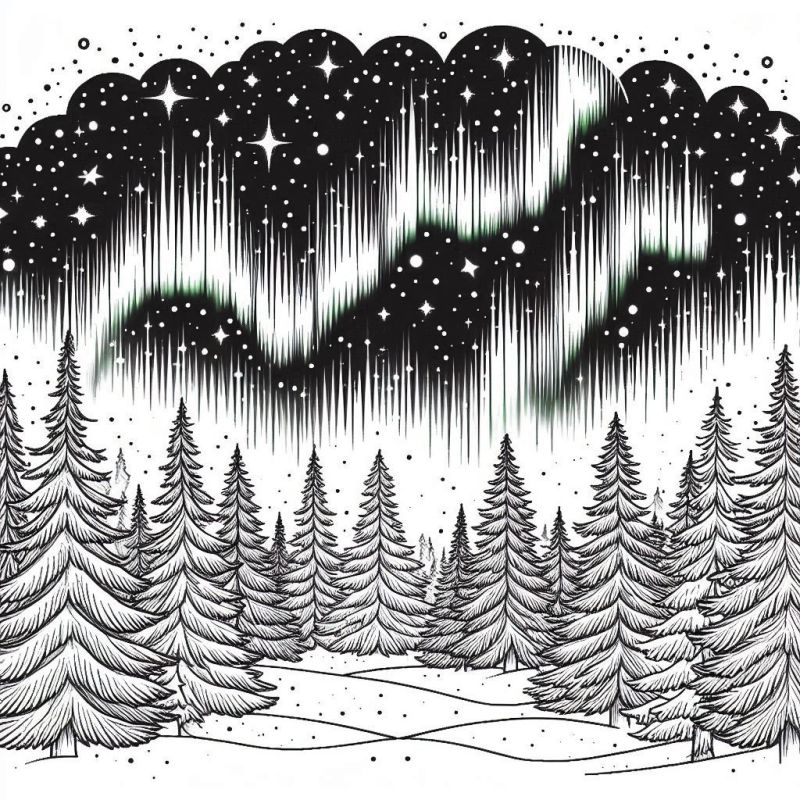 Desenho de floresta coberta de neve à noite com aurora boreal para colorir