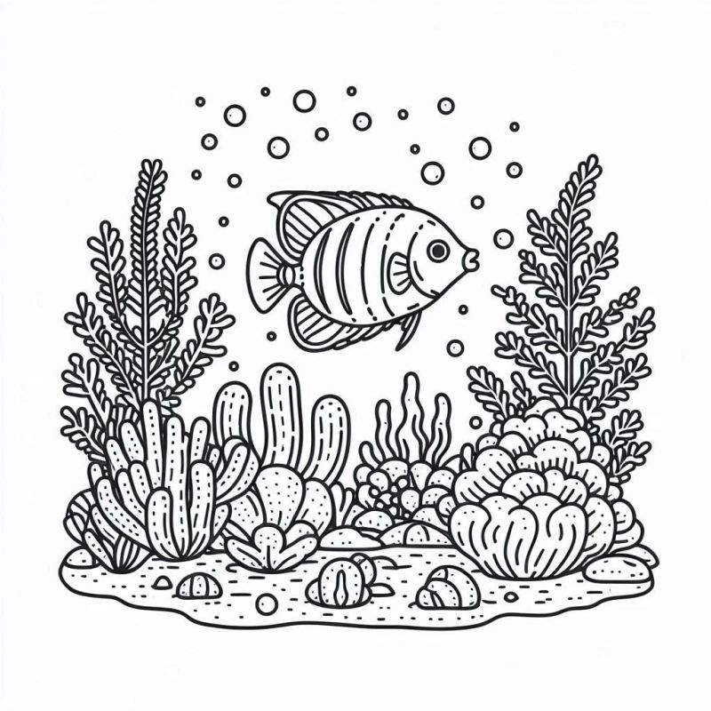 Desenho de Cenário Subaquático com Peixe para Colorir