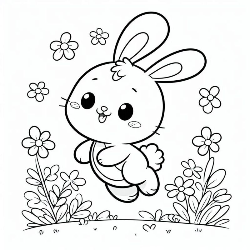 Desenho de coelhinho fofo saltando em um campo de flores para colorir