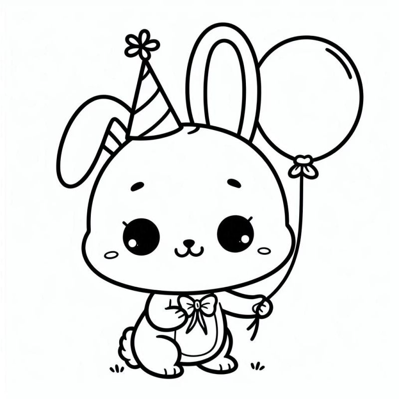 Desenho de coelho kawaii para colorir com chapéu de festa e bexiga