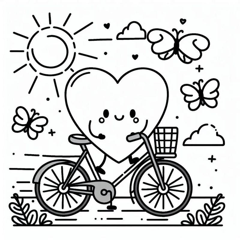 Desenho de Coração Pedalando Bicicleta para Colorir