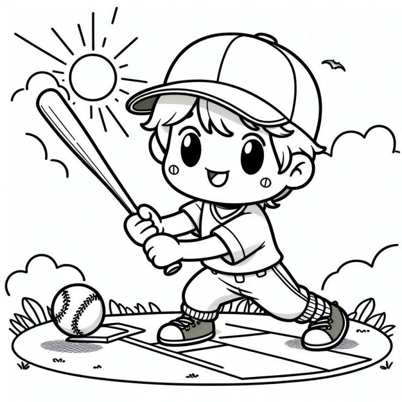 Desenho para colorir de uma criança jogando beisebol com cenário alegre e esportivo