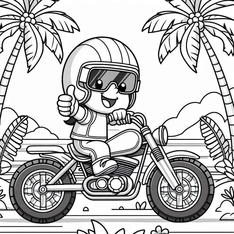 Desenho de uma criança pilotando uma moto em um cenário alegre para colorir