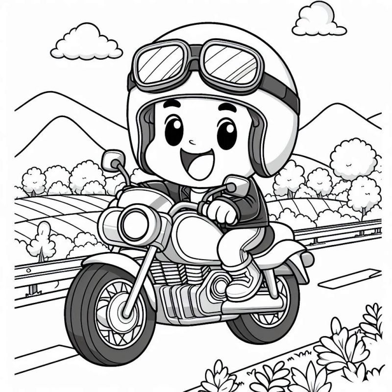 Desenho em estilo cartoon de uma criança pilotando uma moto para colorir