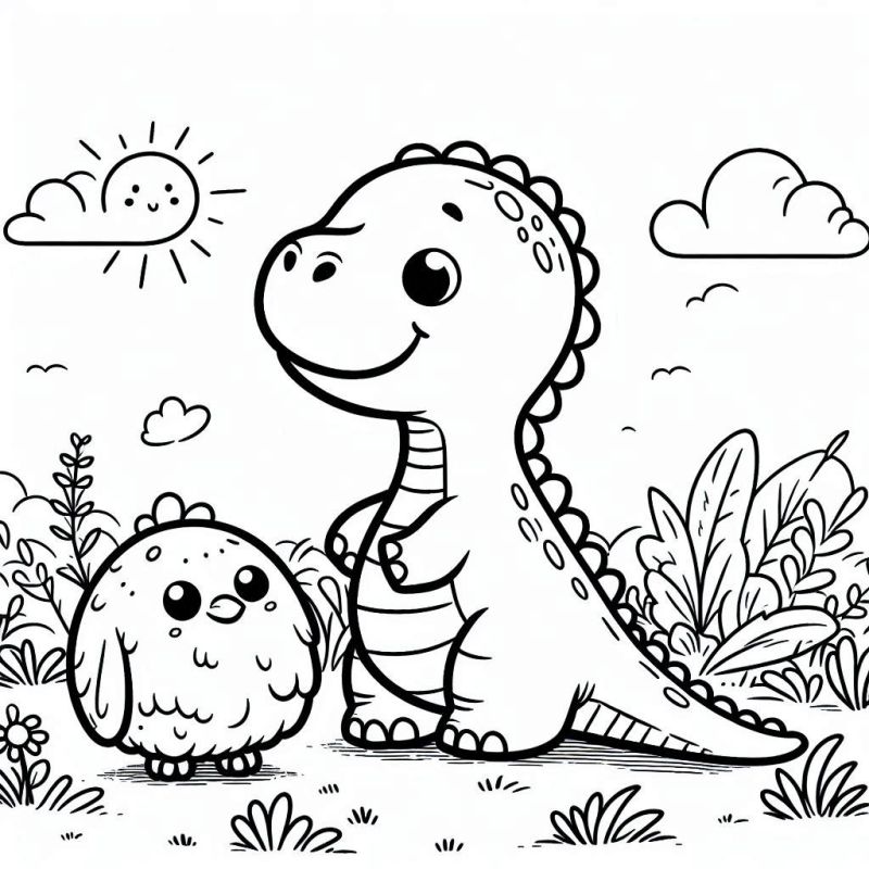 Divertido Desenho de Dinossauro e Ave para Colorir