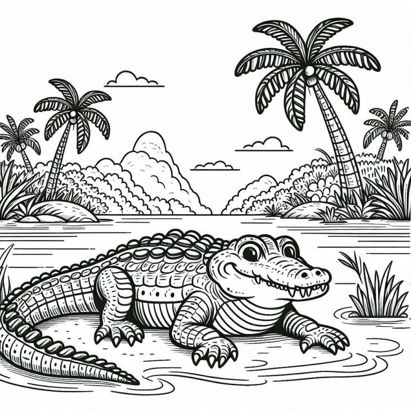 Desenho de Crocodilo Sorridente na Natureza Africana para Colorir