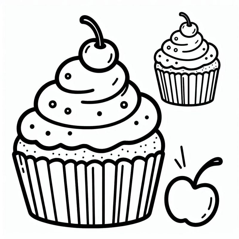 Desenho de Cupcakes e Cereja para Colorir