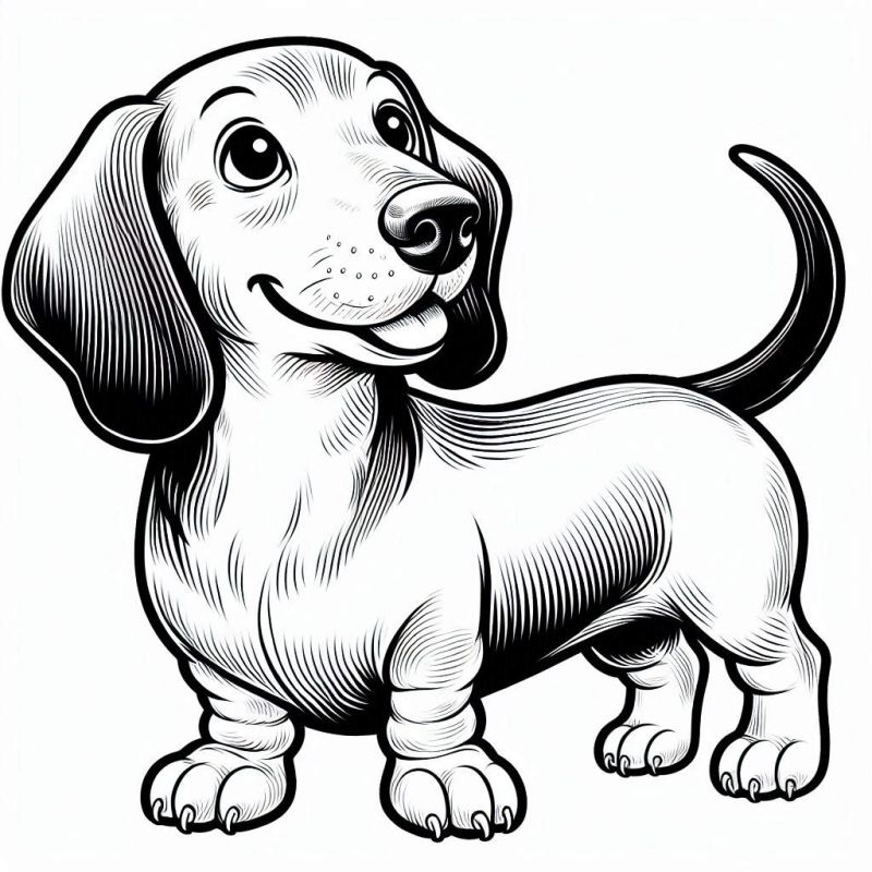 Desenho detalhado de cachorro Dachshund para colorir, com expressão amigável e alegre