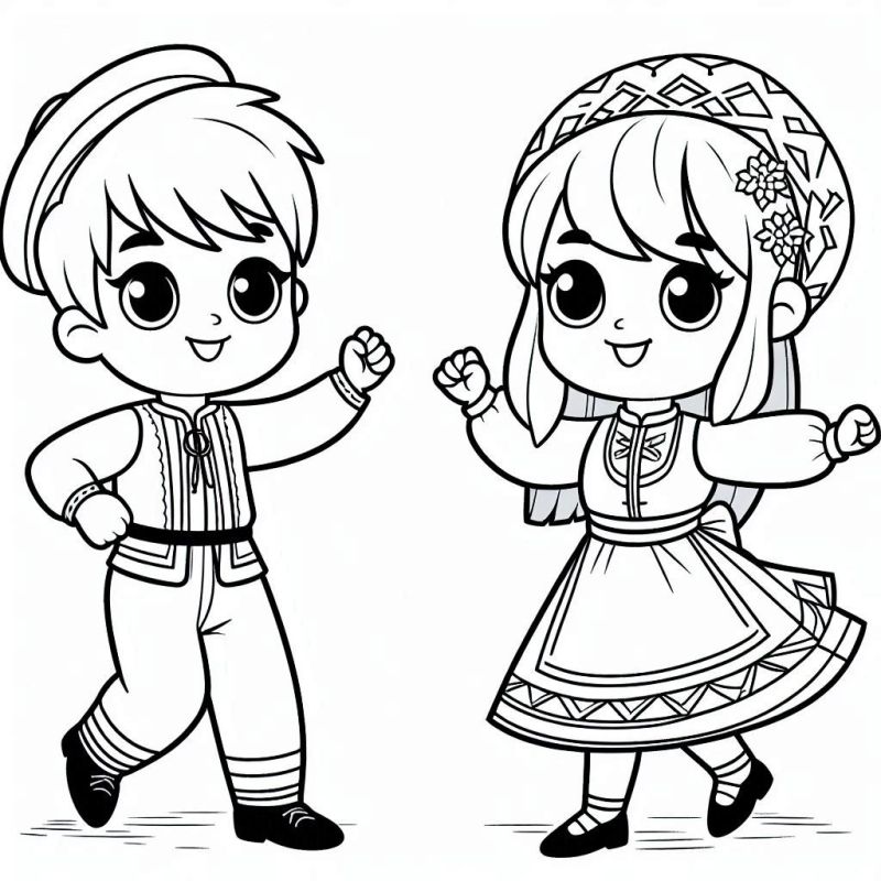 Desenho de Menino e Menina Dançando em Traje Tradicional para Colorir